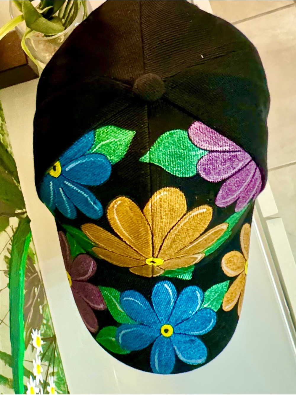 Black Floral Painted Baseball Cap - Multicolor Flower Print - Picture 7 of 13